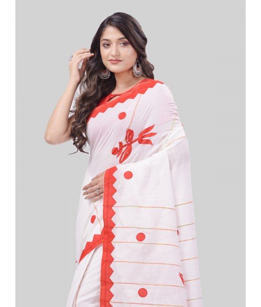 DESH BIDESH Women`s Bengali Khesh Pure Cotton Handloom Saree Trinayani Durga Designed With Blouse Piece (White Red)